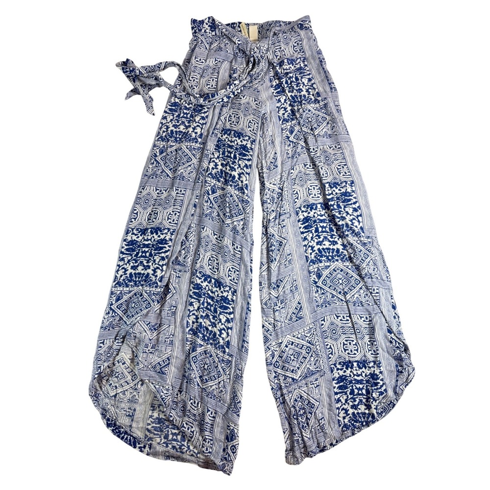 Japna Blue White Geometric Floral Palazzo Pants Wide Leg Side Slit Small